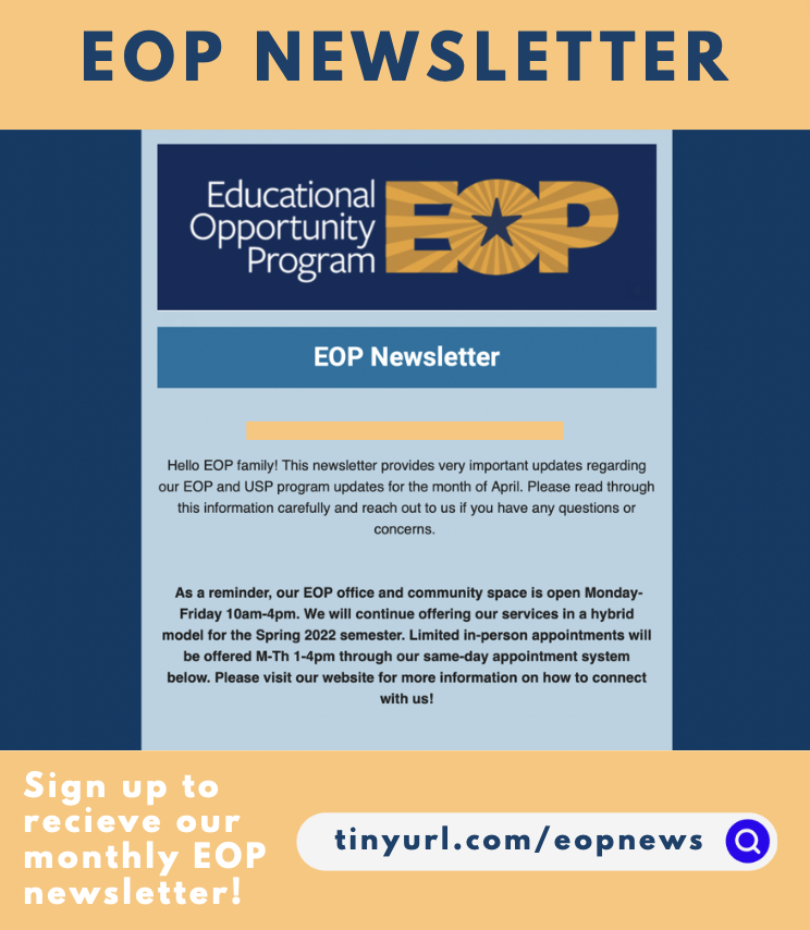 Flyer with a top banner that reads: EOP NEWSLETTER. Image shows sample of letter and a sign up link
